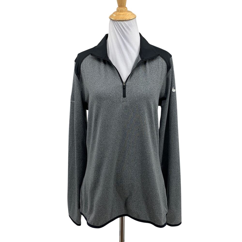 Nike Top Women L Large Gray Black Golf Dri Fit 1/4 Zip Long Sleeve Shirt *LOGO